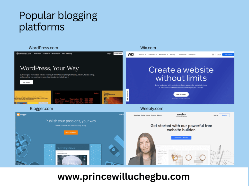 How To Start a Blog And Make Money in 2024 - Popular blogging platforms: WordPress, wix, blogger, weebly