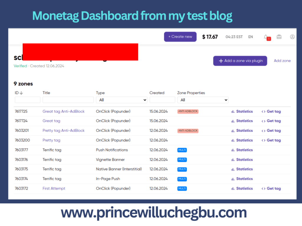 Monetag Dashboard from my test blog | How Long Does It Take To Make Money From Blogging?